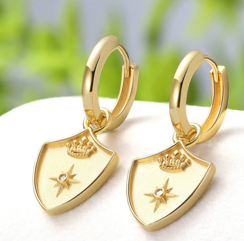 Saints & Saviors Crown Shield Huggie Earrings