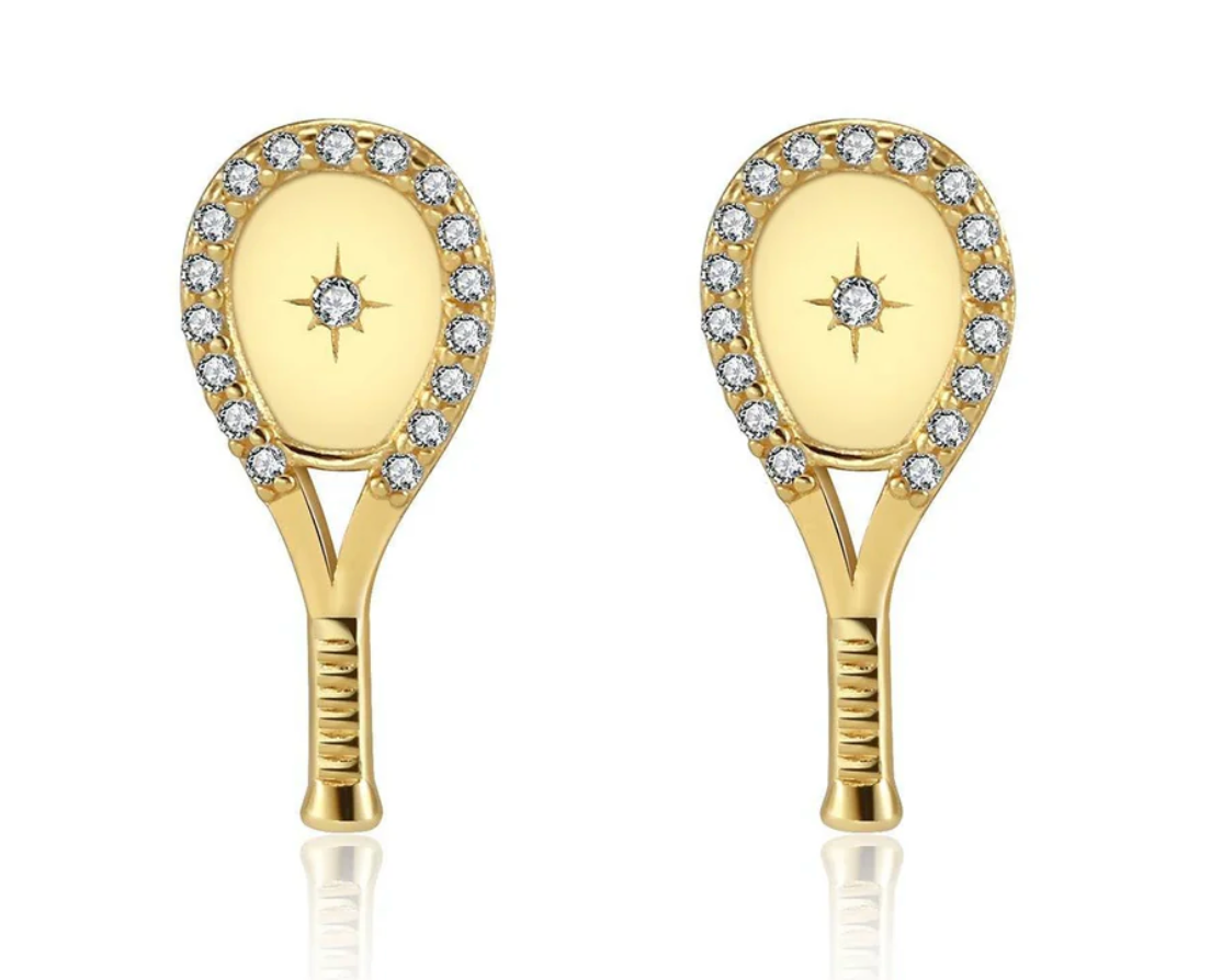 LoveMatch Tennis Racquet Bling Stud Earring Gold