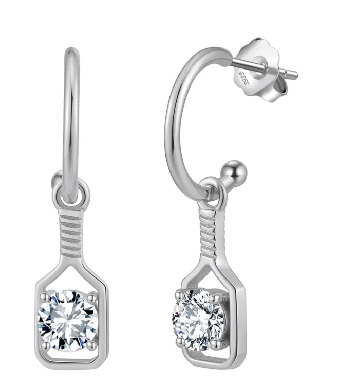Pickleball Sparkle Paddle Hoop Earrings Silver