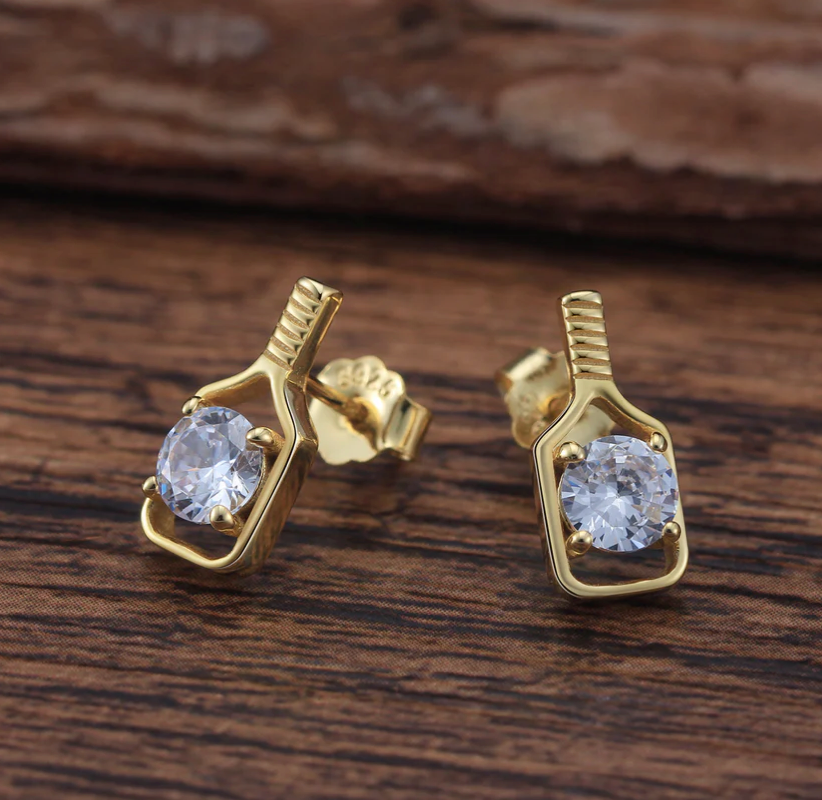 Pickleball Sparkler Paddle Stud Earrings Gold