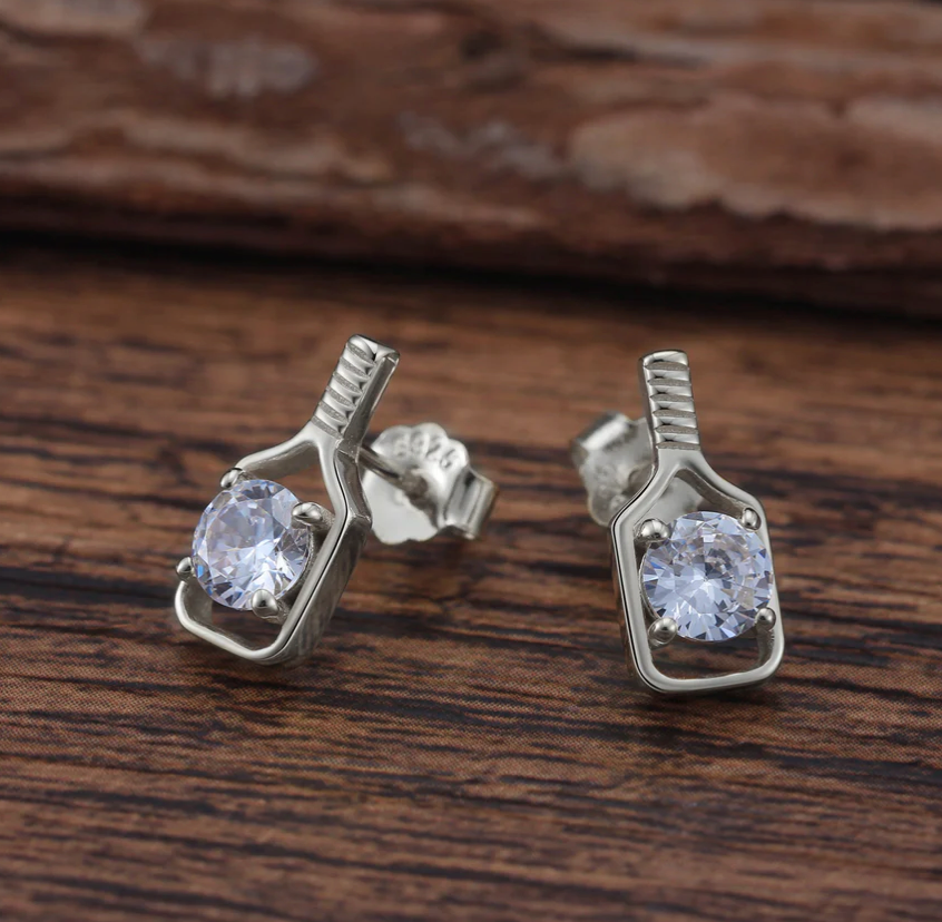 Pickleball Sparkler Paddle Stud Earrings Silver