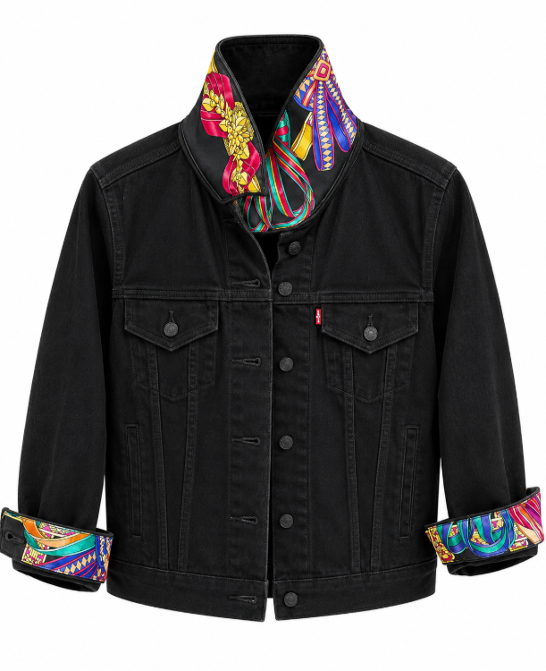 Vintage Silk Black Denim-Hermes Ribbon print