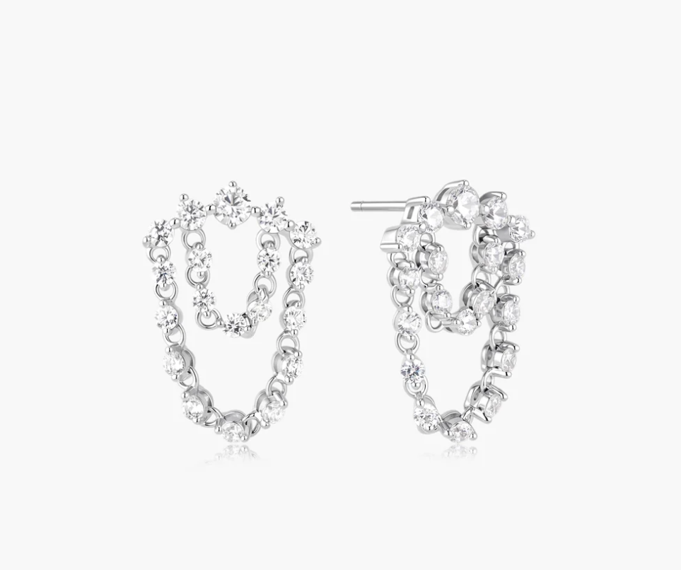 Silver Sparkling Arc with Double Chain Stud Earrings