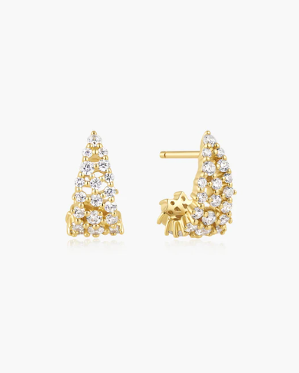 Gold Pavé Openwork Curved Stud Hoop Earrings