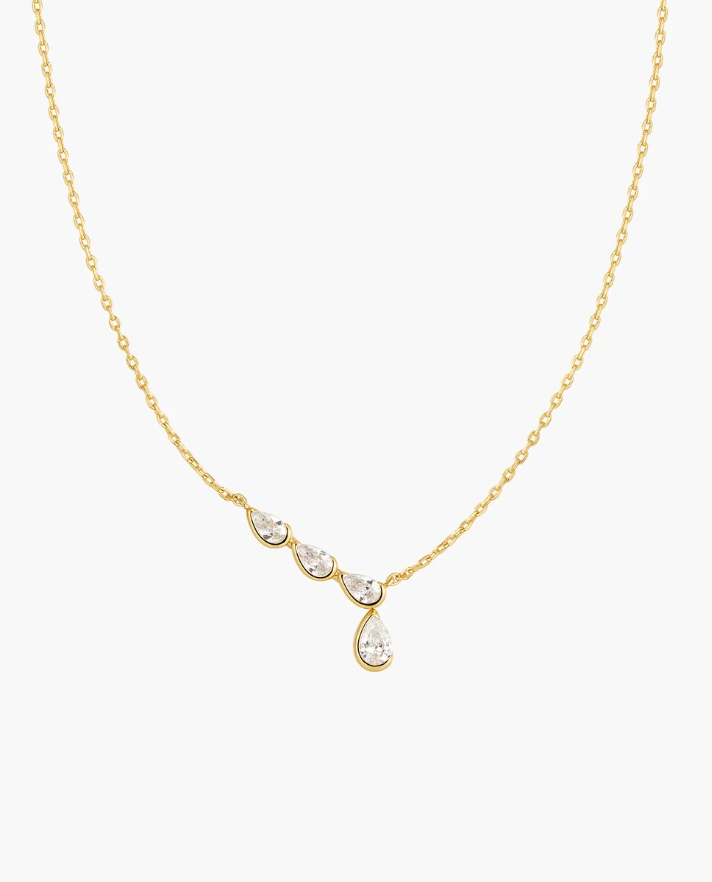 Gold Half-Bezel Angled & Dangle Teardrop Necklace