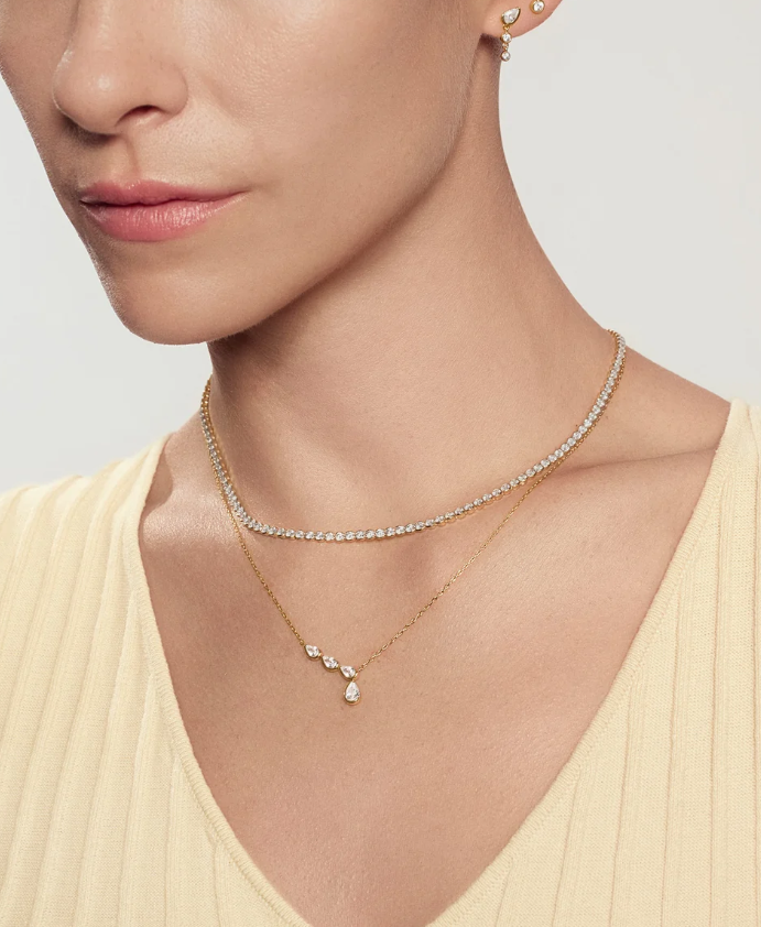 Gold Half-Bezel Angled & Dangle Teardrop Necklace