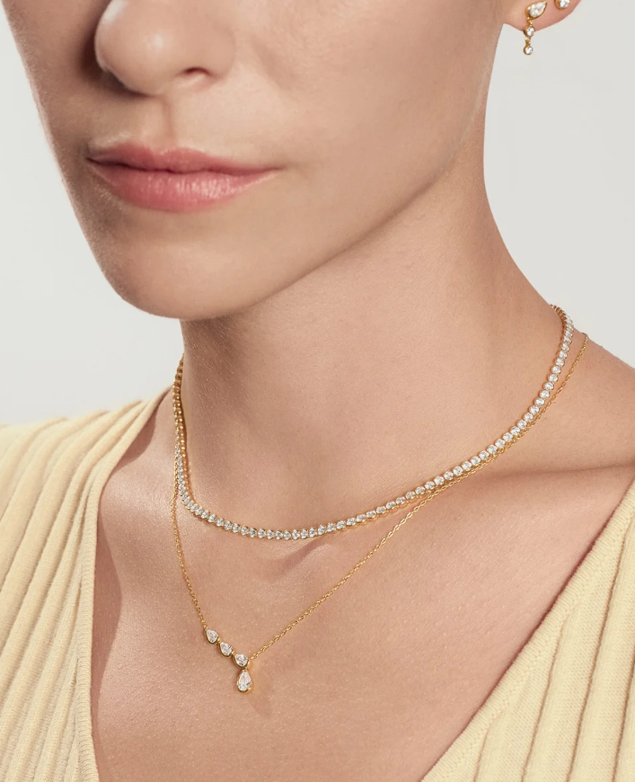 Gold Half-Bezel Angled & Dangle Teardrop Necklace