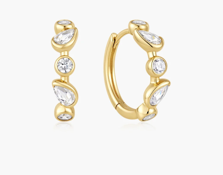 Gold Bezel Round & Teardrop Huggie Hoop Earrings