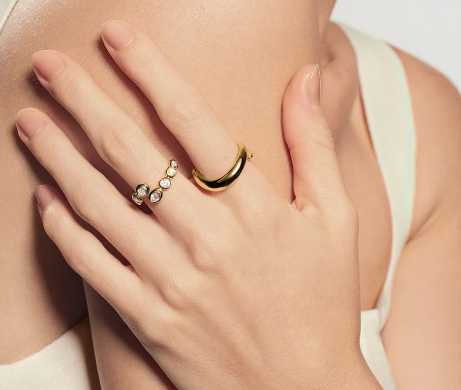 Gold Organic Pebble Spiral Bezel Adjustable Ring