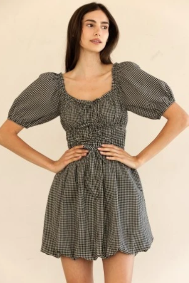 Gingham Midi Dress- BLACK/WHITE