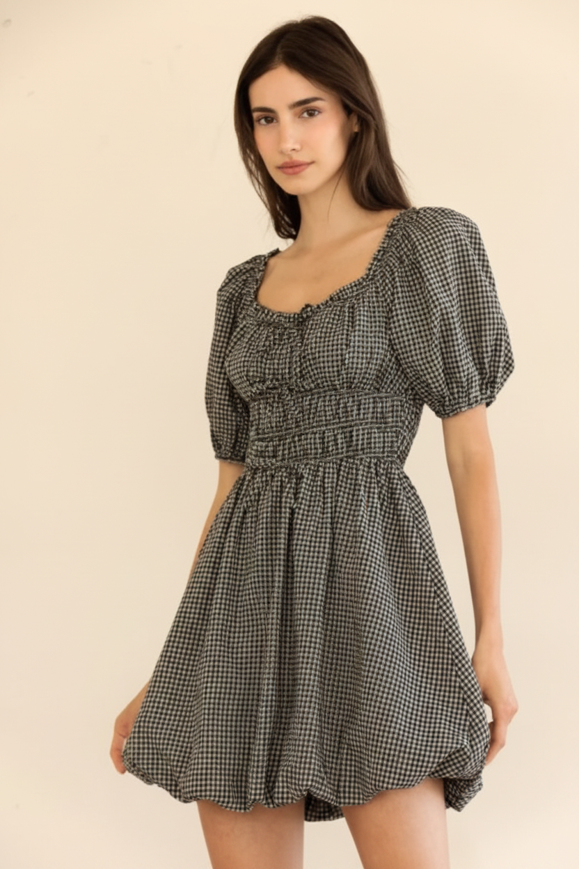 Gingham Midi Dress- BLACK/WHITE