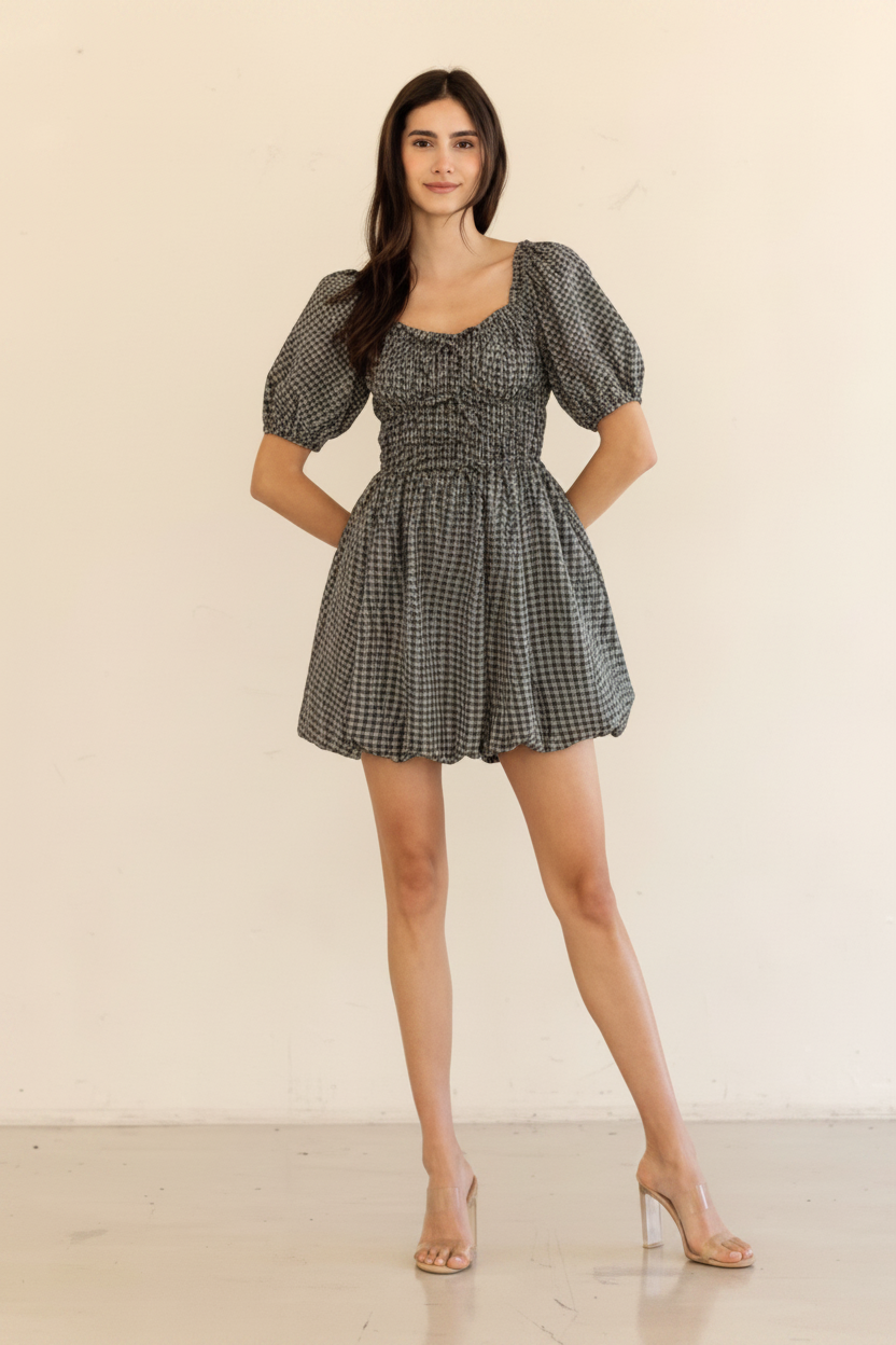 Gingham Midi Dress- BLACK/WHITE