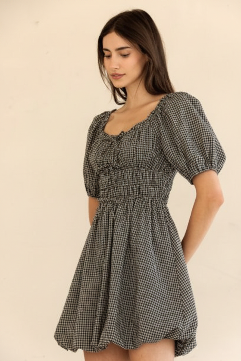 Gingham Midi Dress- BLACK/WHITE
