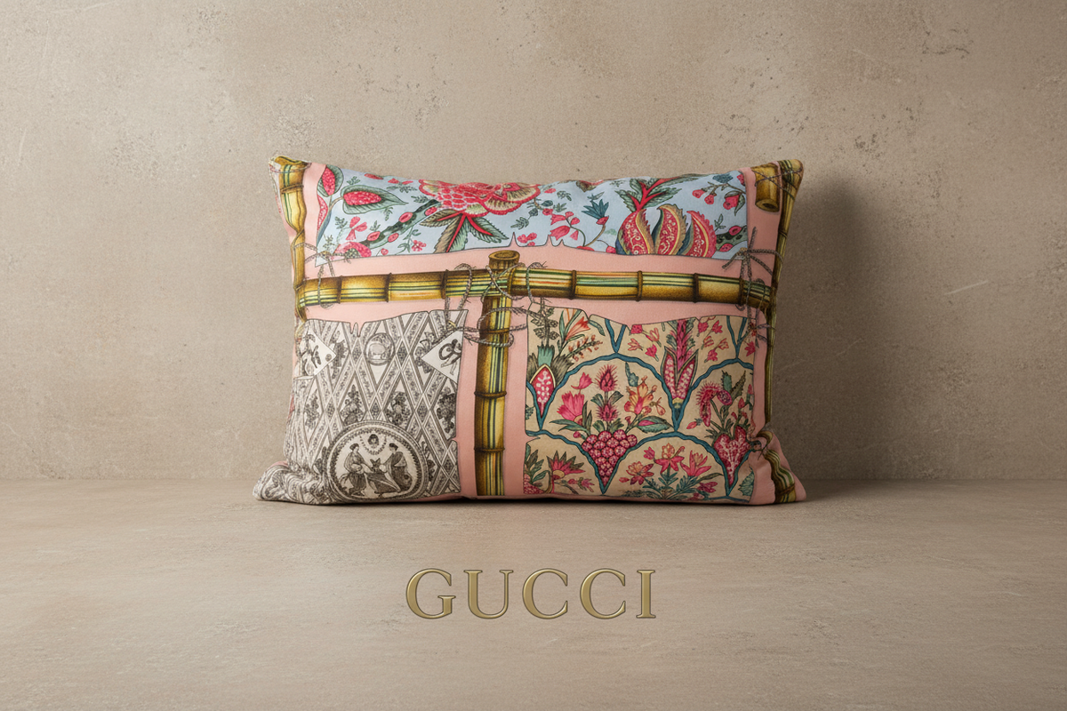 A rectangular patchwork fabric bag with a multicolor print featuring pink, green, red, and beige patterns, including bamboo motifs and floral designs, resting on a light wood surface.