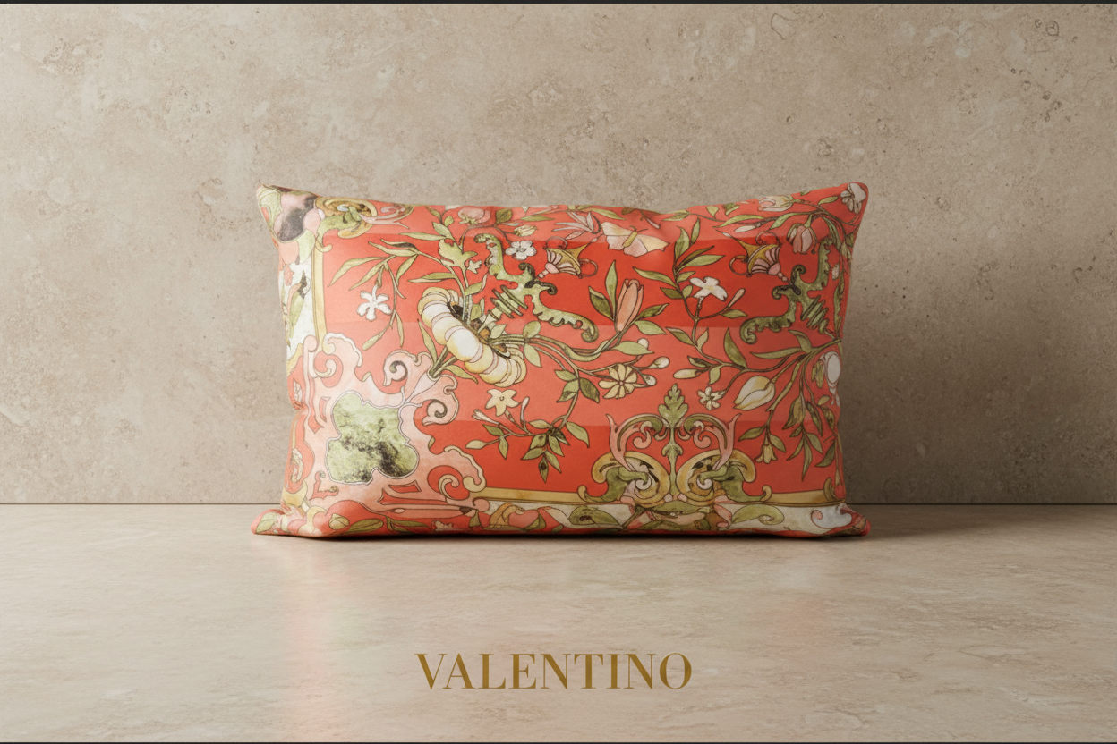 A square decorative pillow featuring a vibrant orange-red background with an intricate vintage-style botanical and scroll pattern in green, beige, and white, displayed on a wooden surface.