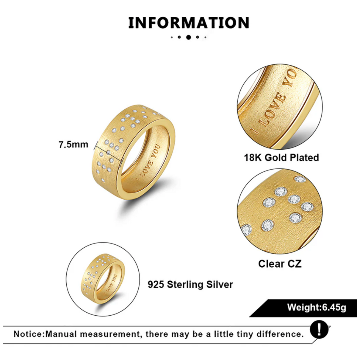 Touchstone I LOVE YOU Band Ring Brushed Gold - Size 7