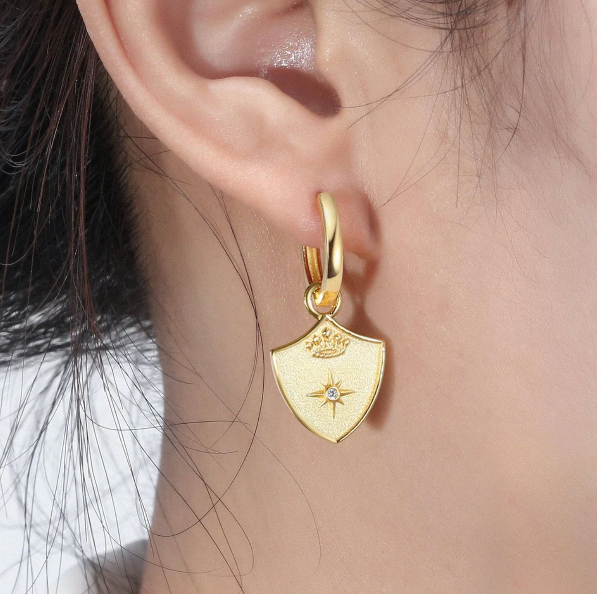Saints & Saviors Crown Shield Huggie Earrings