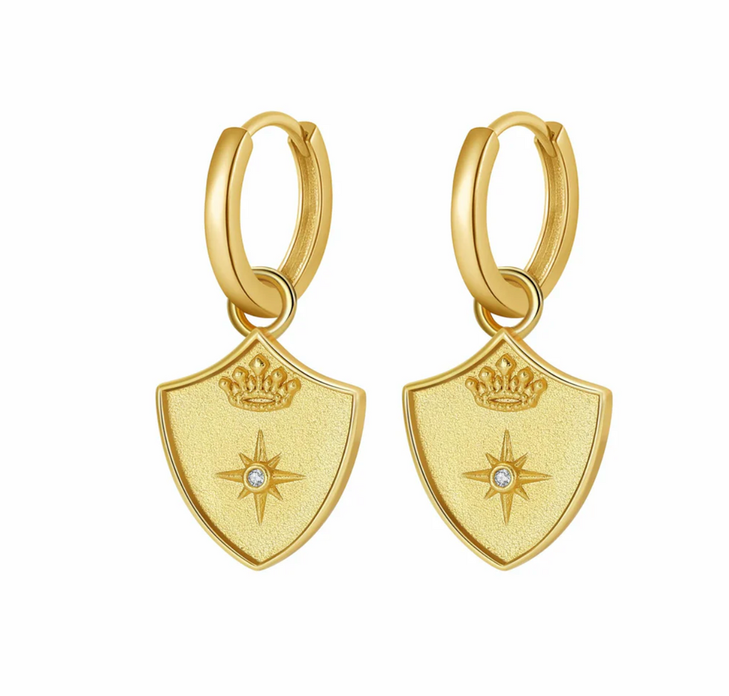 Saints & Saviors Crown Shield Huggie Earrings