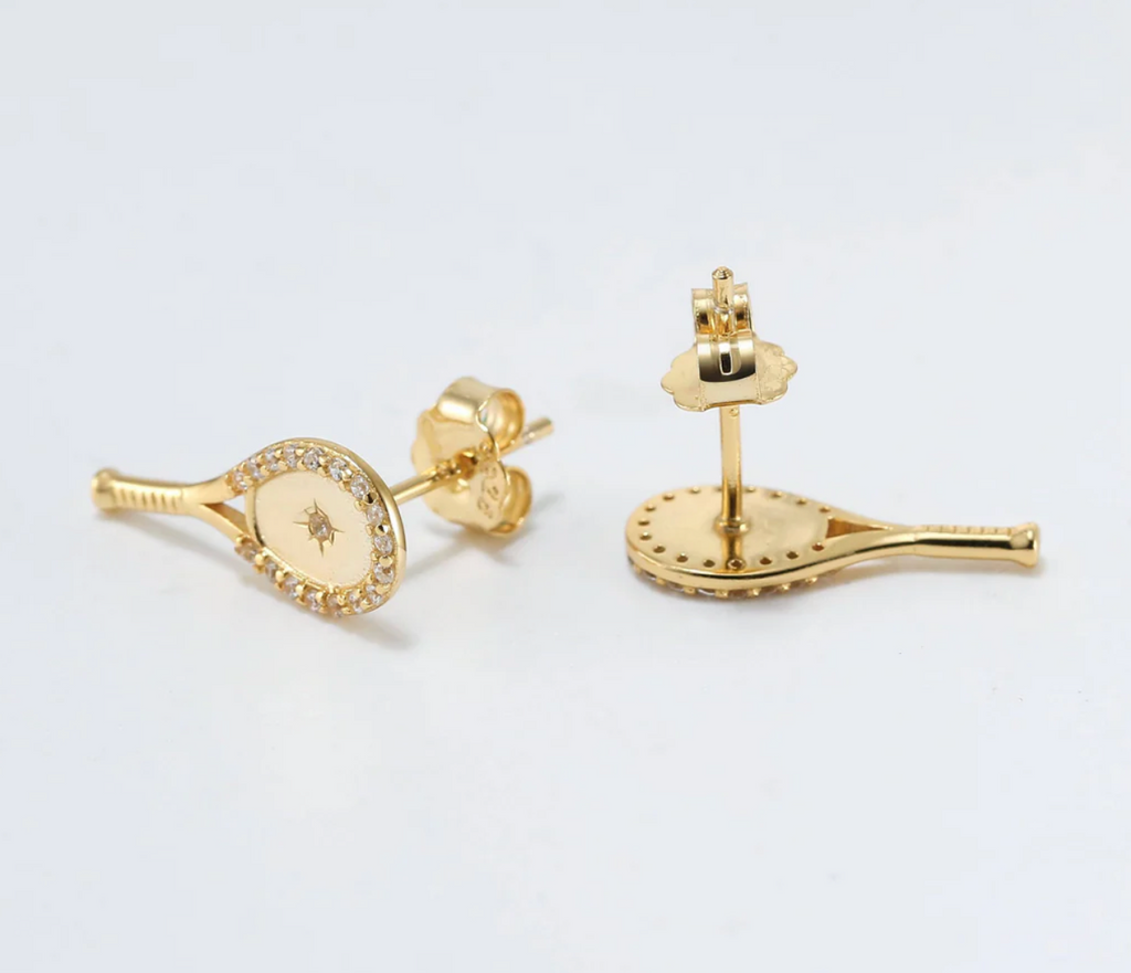 LoveMatch Tennis Racquet Bling Stud Earring Gold
