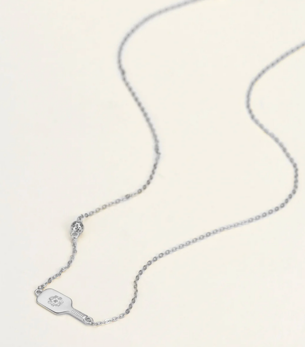 Pickleball Dainty Dinker Flower Paddle Silver Necklace