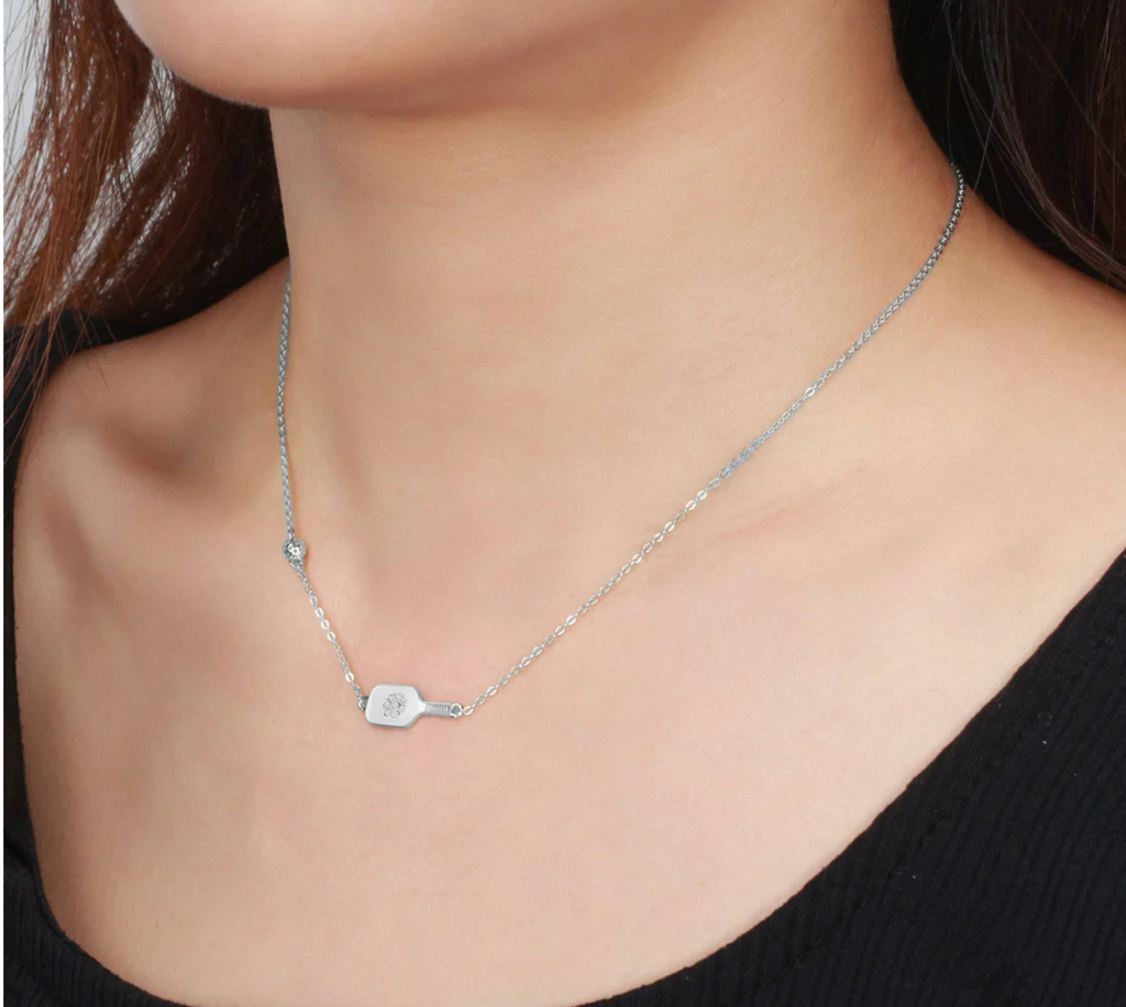 Pickleball Dainty Dinker Flower Paddle Silver Necklace