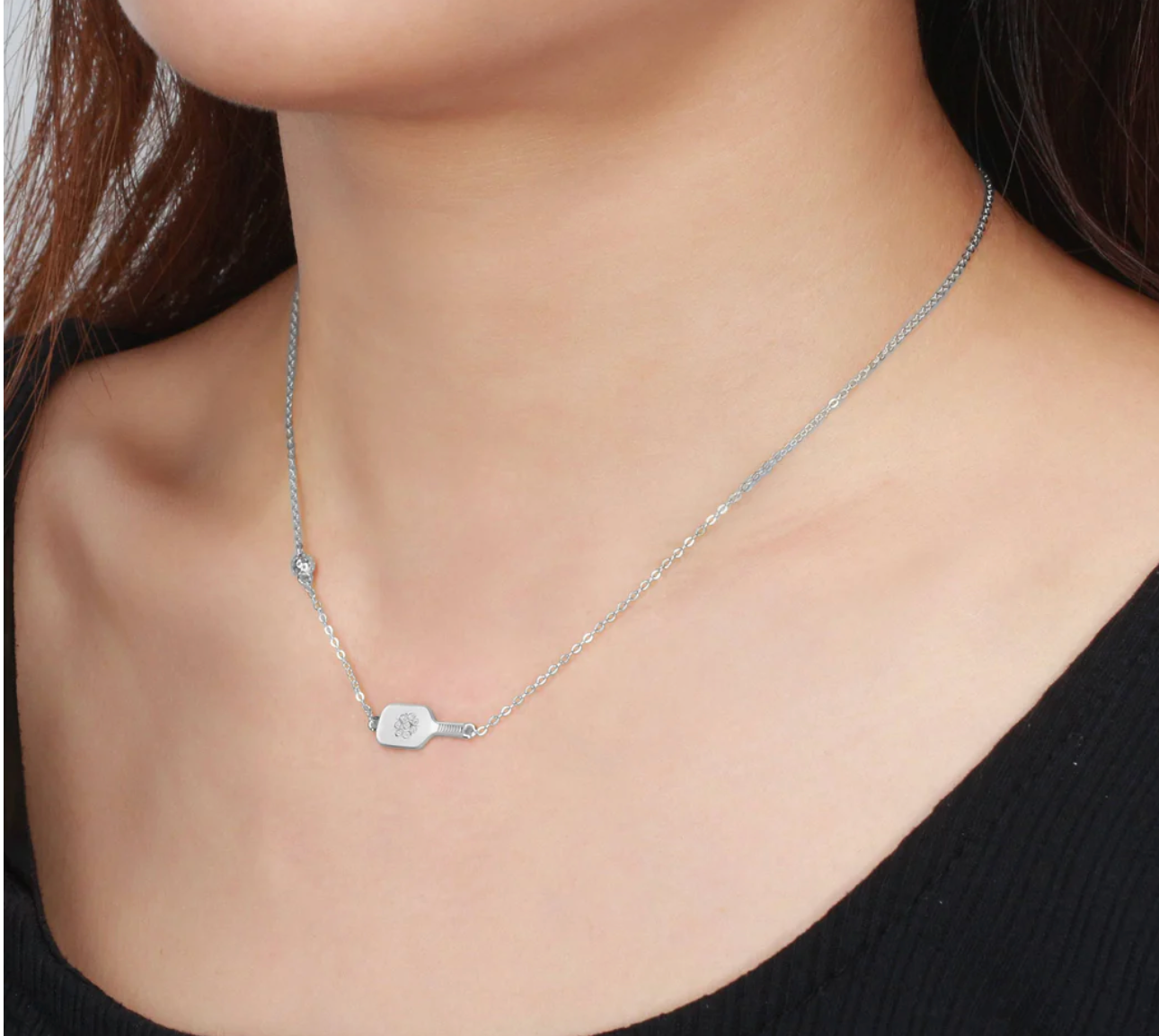 Pickleball Dainty Dinker Flower Paddle Silver Necklace