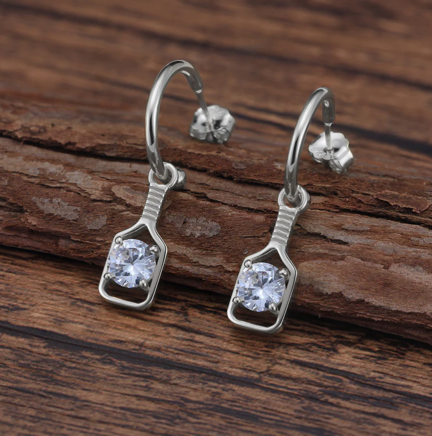 Pickleball Sparkle Paddle Hoop Earrings Silver