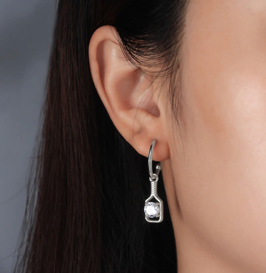 Pickleball Sparkle Paddle Hoop Earrings Silver