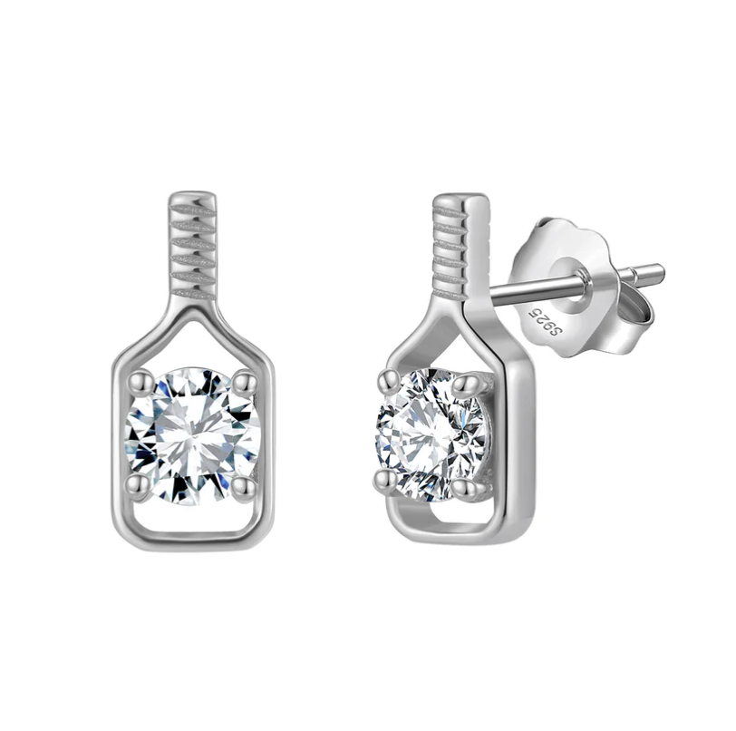 Pickleball Sparkler Paddle Stud Earrings Silver