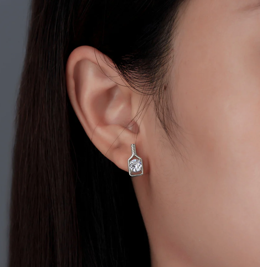 Pickleball Sparkler Paddle Stud Earrings Silver