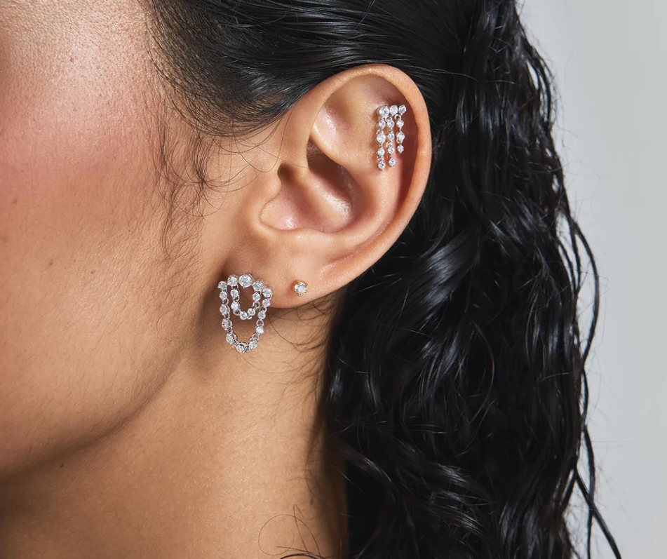Silver Sparkling Arc with Double Chain Stud Earrings