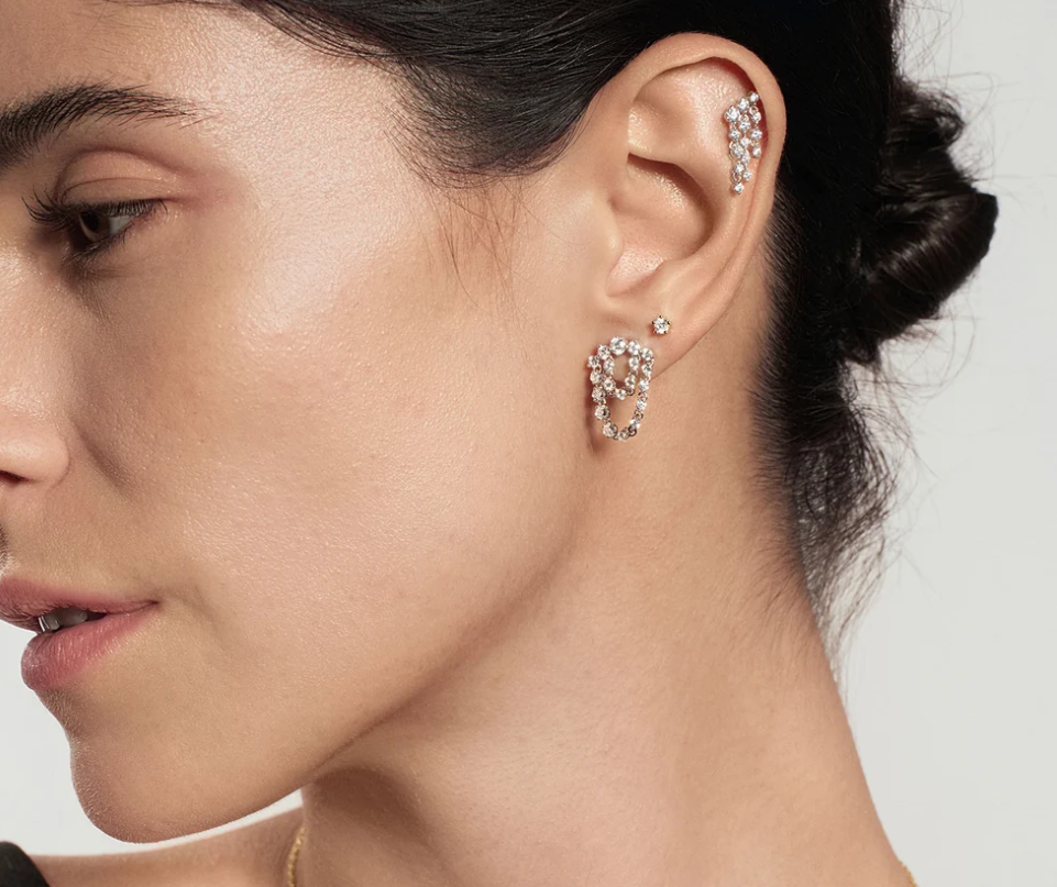 Silver Sparkling Arc with Double Chain Stud Earrings