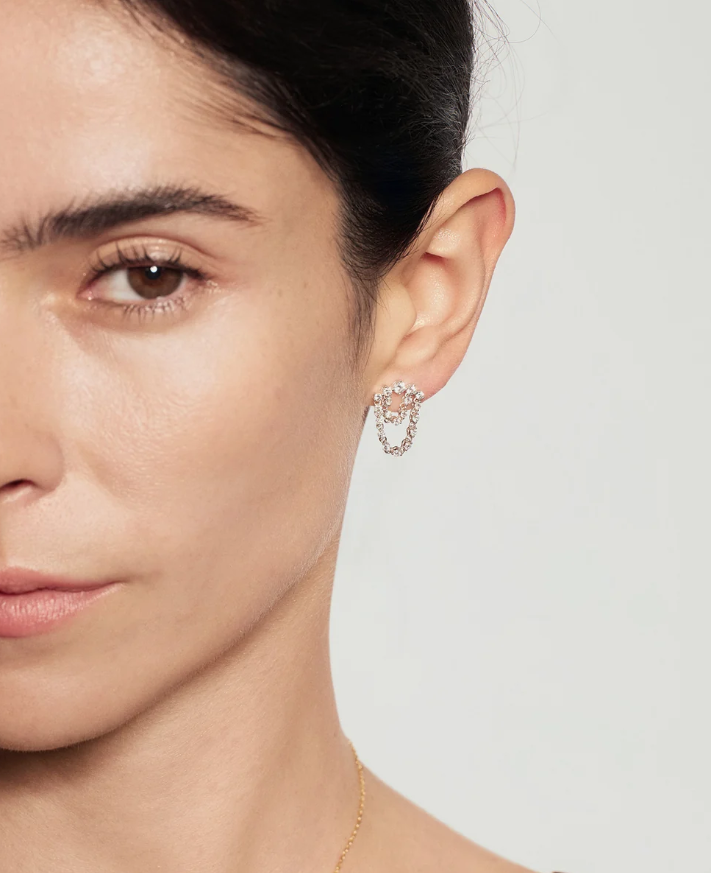 Silver Sparkling Arc with Double Chain Stud Earrings