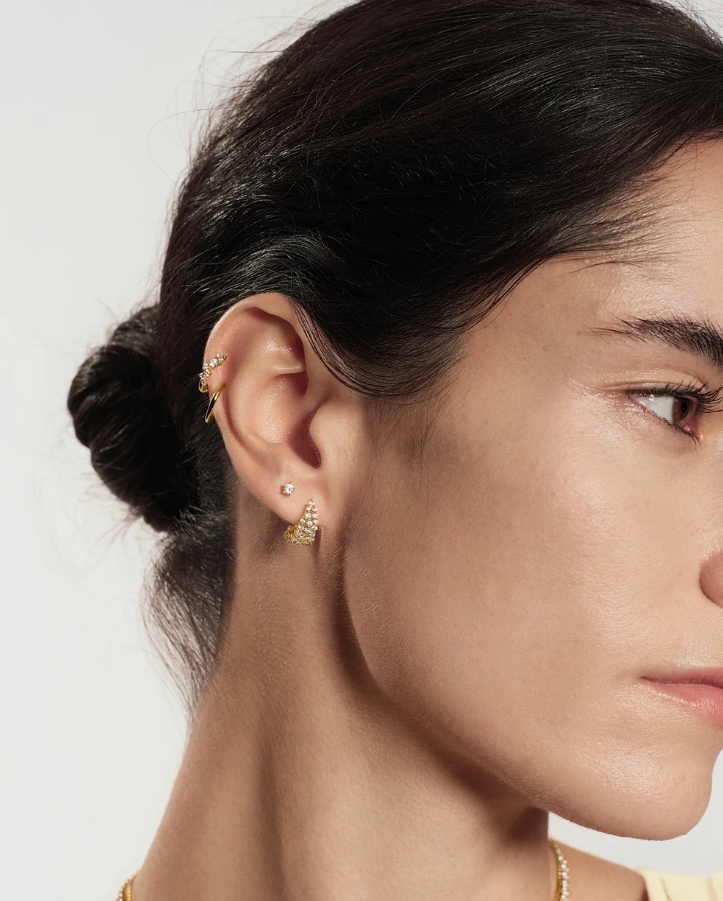 Gold Pavé Openwork Curved Stud Hoop Earrings