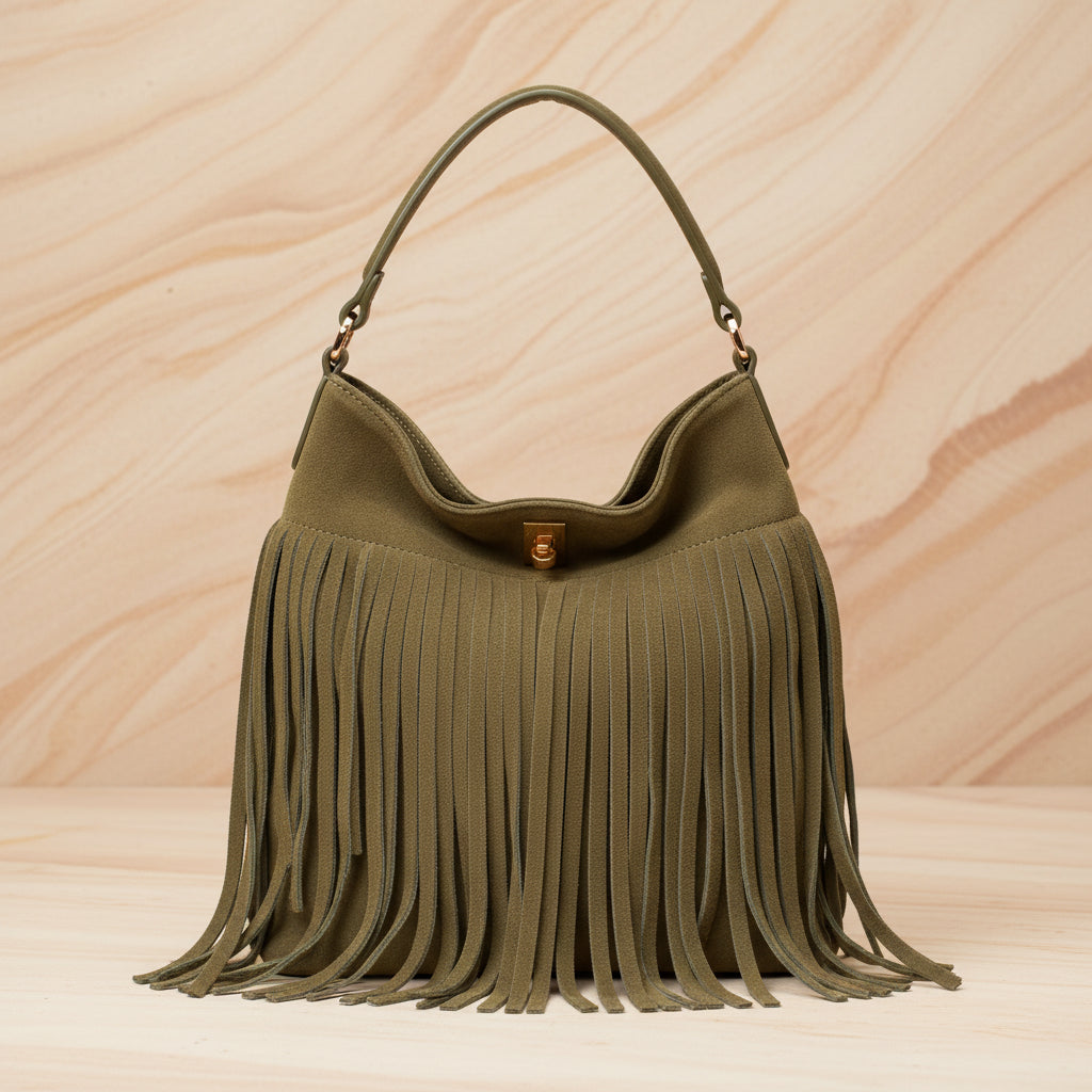 Mini Suede Fringe Purse-sage